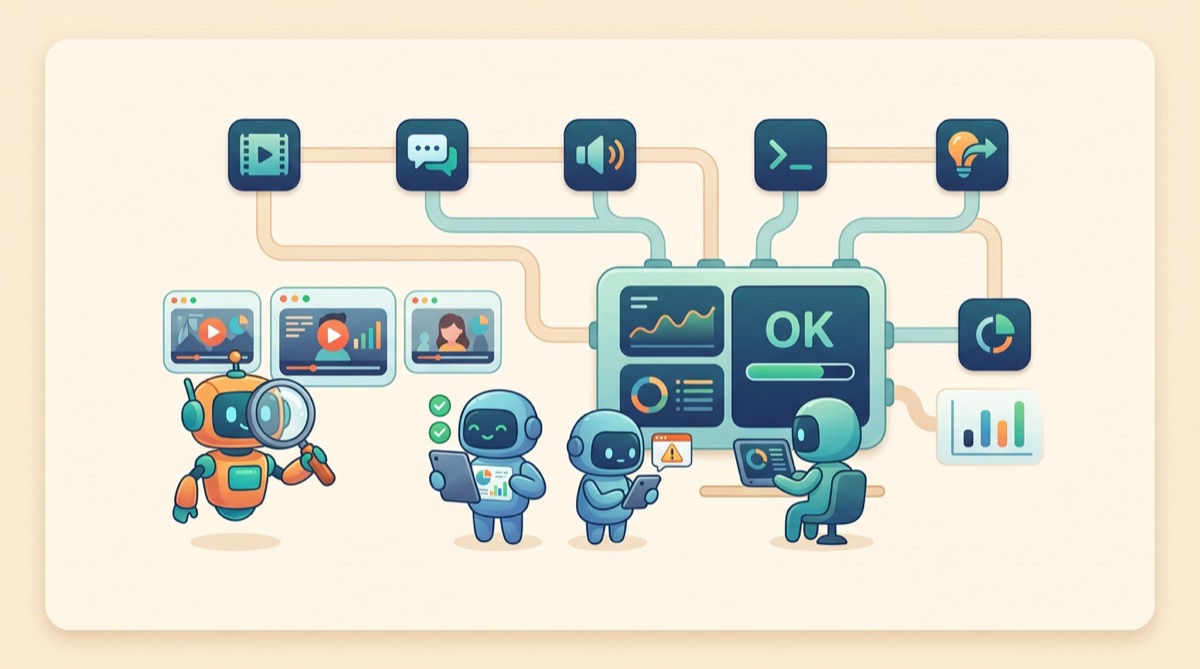 Cartoon illustration of multimodal evaluation and agentic systems